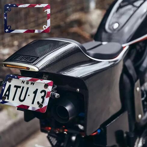 Motorcycle American Flag License Plate Frame - 4 Holes Stainless Steel Matte Stripe US Flag Gloss Patriotic License Plate Frame Holder Covers for Motorcycle in Kuwait