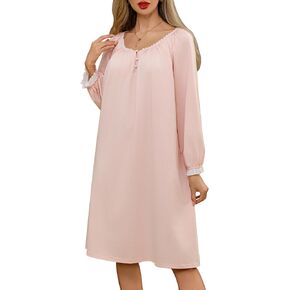 Aprsfn Cotton Nightgowns for Women Vintage Victorian Soft Full Length Sleepwear Ladies Nightdress Pajamas