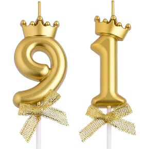 91st Birthday Candles, Gold 91 Year Old Number Birthday Candles, Happy Birthday Party Cake Topper Decoration Gifts for Women Men