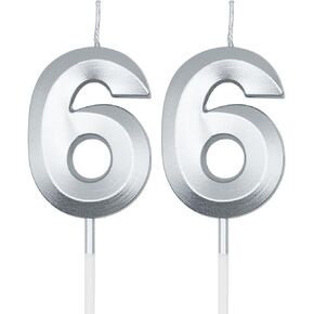 Silver 66th Birthday Candles for Cakes, Number 66 6 Candle Cake Cupcake Topper for Birthday Anniversary Party Decoration