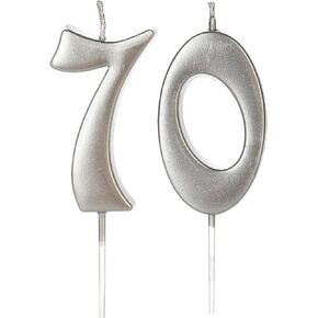 Silver 70th Birthday Candles for Cake, Number 70 7 Glitter Candle Party Anniversary Cakes Decoration for Kids Women or Men