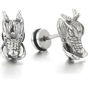 Mens Punk Rock Dragon Head Stud Earrings in Stainless Steel, Screw Back, 2 pcs