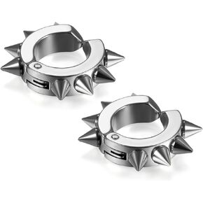 Flongo Men's Women Punk Silver Stainless Steel Spike Rivet Clip-on Non Pierced Hoop Earrings
