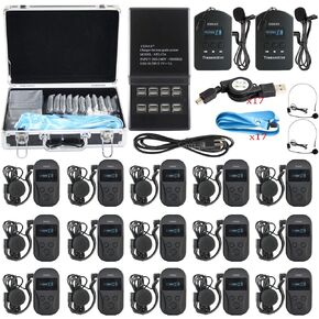 EXMAX EXD-101 2.4G Wireless Voice Transmission System Church Translation Equipment Translator Device for Tourism Museums - 2 Transmitters 15 Receivers & 16-Port Charge Station & Black Storage Case