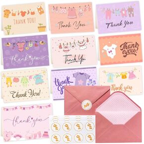 Baby Shower Thank You Cards with Envelopes and Stickers, 50 Pack 4x6 Blank Notes, Cute Baby Girl Cards for Birthday, Baptism, or Announcement