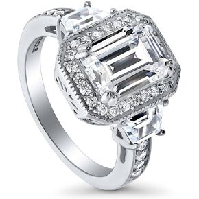 BERRICLE Sterling Silver Halo Wedding Engagement Rings Emerald Cut Cubic Zirconia CZ Statement Ring for Women, Rhodium Plated Size 4-10