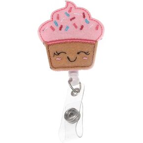Cute Felt Smiling Pink Cake Badge Holder Retractrble ID Badge Holder Badge Reel Gift for Nurse/Doctor/Medical Staff