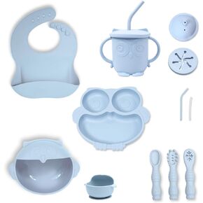 Eco-Friendly Silicone Baby Feeding Set, Owl Utensils, Silicone Bib, Suction Bowl & Plate, Soft-Tip Spoons & Fork, Toddler Cup with Lids (Beige)