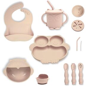 Eco-Friendly Silicone Baby Feeding Set, Owl Utensils, Silicone Bib, Suction Bowl & Plate, Soft-Tip Spoons & Fork, Toddler Cup with Lids (Beige)