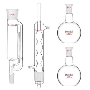 StonyLab 500ml Soxhlet Type Extraction Apparatus, Borosilicate Glass 45/40 Soxhlet Extractor with Allihn Condenser and 2 500 ml Flat Bottom Flasks with 24/40 Joint, Complete Unit