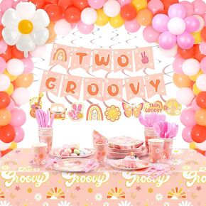 Mixweer 295 Pcs Two Groovy Birthday Party Decorations Hippie Boho Party Plates Set Birthday Party Supplies Include Tablecloth, Dinner Plates, Cups, Cutlery, Daisy Balloons, Retro Banners and Swirls