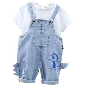 Toddler Baby Boy Girl Clothes 2-Piece Set Infant Adjustable Straps Jeans Overalls +Letter Cartoon T-Shirt Outfits