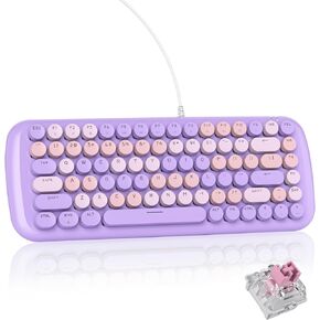 75% Typewriter Style Mechanical Gaming Keyboard, White Backlit Light Up Keyboard with Pink Switch, Retro Round Punk Keycap 84 Keys Cute Wired Pink Keyboard (84 Pink)