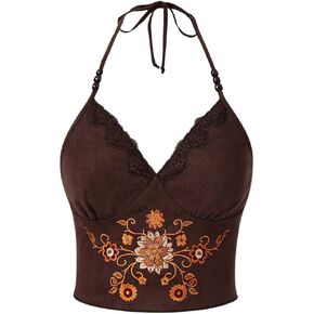 SweatyRocks Women's Floral Embroidery Crop Cami Top Sleeveless Tie Back Halter Hippie Cropped Tops