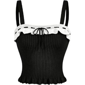 Verdusa Women's Ruffled Tie Knot Colorblock Rib Knit Crop Tank Top