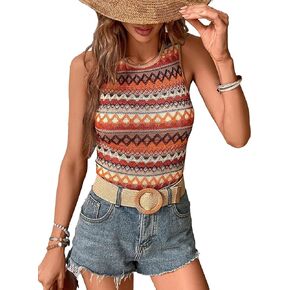Verdusa Women's Geo Print Crewneck Sleeveless Tops Boho Summer Tank Top