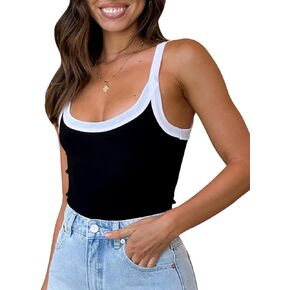 Fashionme Women's 2024 Trendy Ribbed Tank Tops Wide Strap Color Block Casual Camisole Shirts Scoop Neck 1/2 Pack