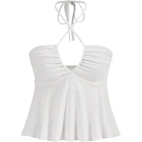Women Sexy Floral Self Tie Crisscross Halter V Neck Sleeveless Strapless Backless Ruched Ruffle Solid Tube Tank Top