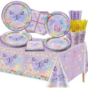 Butterfly Birthday Decorations - 166 Pcs Purple Butterfly Party Decorations Butterfly Plates, Napkins, Cups, Tablecloth and Straws for Butterfly Birthday Party Supplies, Serve 20
