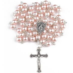 8mm Glass Pearl Beads Catholic Rosary Necklace for Men and Women with Flannel Bag