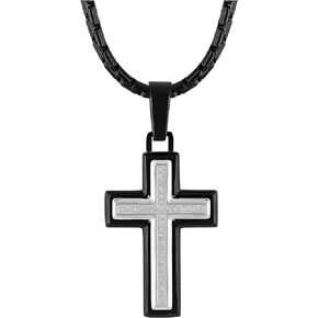 1/10 Cttw Diamond Stainless Steel Two Tone Black Cross Pendant on 24" Rolo Chain Necklace (H-I Color, I2-I3 Clarity)