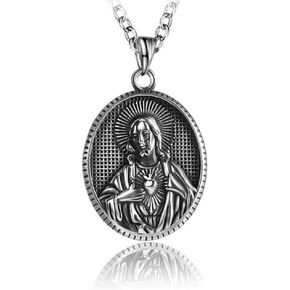 Sacred Heart of Jesus Necklace, Oval Religious Medal Medallion Stainless Steel for Men Women