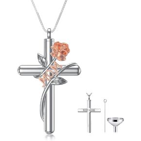 Rose Cross Urn Necklace for Ashes 925 Sterling Silver Cremation Jewelry with Funnel Filler Kit Ashes Necklace for Human Mom Father Love Pets