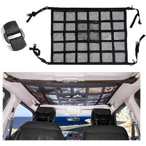 Car Ceiling Cargo Net Pocket, 30.3"×21.3" Strengthen Load-Bearing and Droop Less Mesh Organizer, Double-Layer Adjustable Buckle Roof Cargo Net for Long Travel Road Trip (D-Buckle)