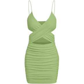 ZAFUL Women's Criss Cross Bodycon Dress Sexy Ruched Backless Mini Dress Ribbed Lace-up Cami Dress for Party Club