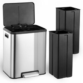 GAOMON 30 Liter/8 Gallon Trash Can, Rectangular Hands-Free Dual Compartment Recycling Kitchen Step Trash Can with Soft-Close Lid, Stainless Steel Garbage Can with 2 x 15L Inner Buckets, Black