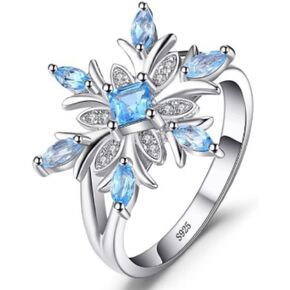 HUKQBUNX 925 Sterling Silver Shiny Snowflake Sapphire Crystal Flower Zirconia Light Blue Snowflake Ring Popular Engagement Party Ring Sizes 6-10 (Size 9)