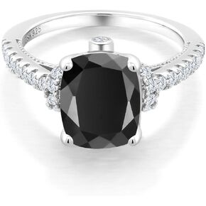 Gem Stone King 925 Sterling Silver Black Onyx and White Created Sapphire Ring | 10X8MM Cushion Cut Gemstone Birthstone Ring For Women | 3.14 Cttw | Available In Size 5, 6, 7, 8, 9