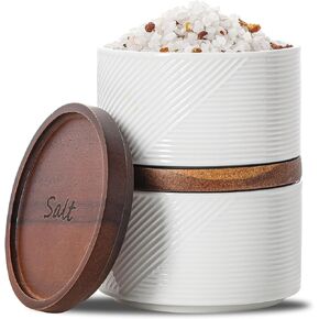 Salt and Pepper Bowls: 10 oz Ceramic Salt Cellar with Lid - Stacked Salt Box for Countertop - Spice/Seasoning Storage Containers - Stackable, Navy & White, Wooden Lid