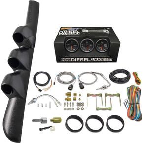 GlowShift Diesel Gauge Package Compatible with Dodge Ram Cummins 2500 3500 1998-2002 - Black 7 Color 60 PSI Boost, 2400F EGT & Transmission Temp Gauges - Black Triple Pillar Pod w Speaker Cutout