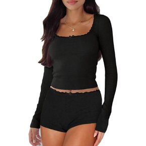 RUEWEY Womens Lace Trim Ribbed Knit Pajama Sets Long Sleeve Top and Shorts Matching 2 Piece Lounge Set PJ Set