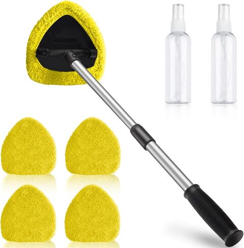 25.6'' Longer Extendable Windshield Cleaning Tool, Strong Absorbent Car Window Cleaner with 5 pcs Washable Pads and 2 pcs Spray Bottles, Multifunctional Use Windshield Cleaner Tool (Yellow) in Kuwait