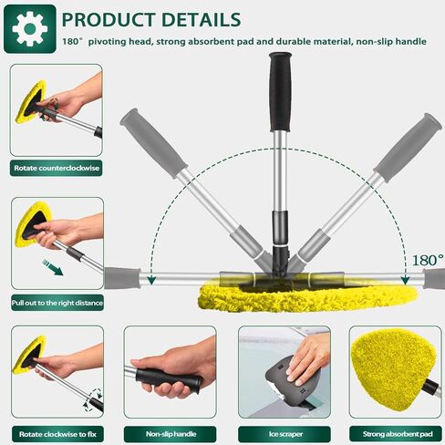 25.6'' Longer Extendable Windshield Cleaning Tool, Strong Absorbent Car Window Cleaner with 5 pcs Washable Pads and 2 pcs Spray Bottles, Multifunctional Use Windshield Cleaner Tool (Yellow) in Kuwait
