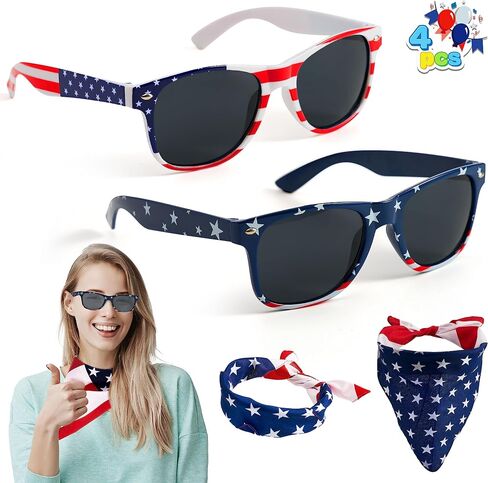 JOYIN 4 Pcs 4th of July Bandanas and Sunglasses, American Flag Bandana Patriotic Sunglasses for Men & Women, USA Bandana for July 4th Celebration, Independence Day, Memorial Day Party Accessories in Saudi Arabia