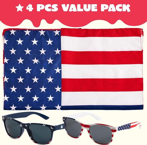 JOYIN 4 Pcs 4th of July Bandanas and Sunglasses, American Flag Bandana Patriotic Sunglasses for Men & Women, USA Bandana for July 4th Celebration, Independence Day, Memorial Day Party Accessories in Saudi Arabia
