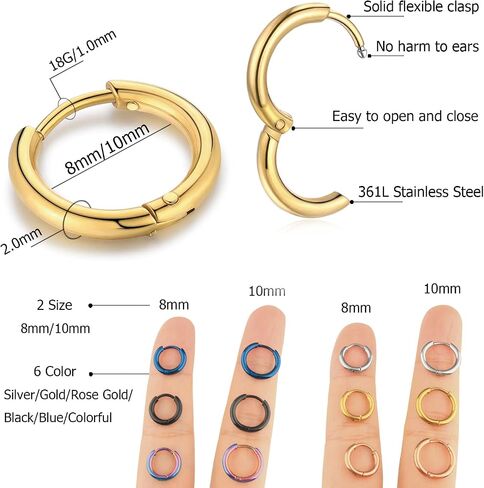 12 Pairs Surgical Stainless Steel Small Hoop Earrings for Women Men Hypoallergenic Cartilage Huggie Hoop Earrings Set Helix Lobes Hinged Sleeper Earrings for Cartilage Piercings 8MM 10MM in Saudi Arabia