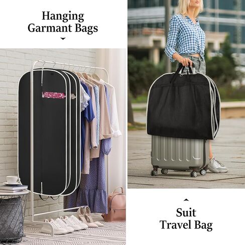 عبوة من 2 حقيبة ملابس لتعليق الملابس من Coastal Rose، حقائب ملابس مقواة مقاس 10.16 سم للسفر، حقيبة غطاء البدلة بمقبض - 60.96 سم × 137.16 سم/ أسود in Kuwait