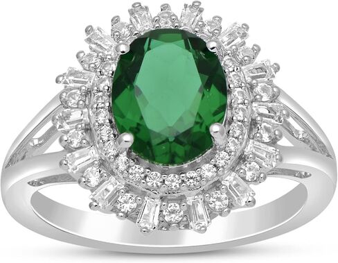 Jewelili الفضة الاسترليني 9x7 ملم قطع بيضاوي مقلد الزمرد والرغيف الفرنسي ودائرية خلق خاتم الخطوبة الياقوت الأبيض، حجم 7 in Saudi Arabia