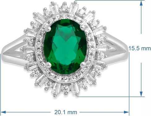Jewelili الفضة الاسترليني 9x7 ملم قطع بيضاوي مقلد الزمرد والرغيف الفرنسي ودائرية خلق خاتم الخطوبة الياقوت الأبيض، حجم 7 in Saudi Arabia