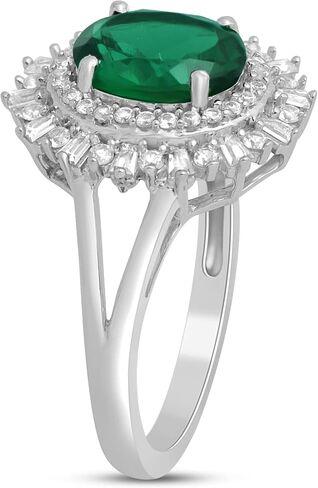 Jewelili الفضة الاسترليني 9x7 ملم قطع بيضاوي مقلد الزمرد والرغيف الفرنسي ودائرية خلق خاتم الخطوبة الياقوت الأبيض، حجم 7 in Saudi Arabia