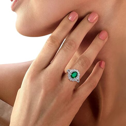 Jewelili الفضة الاسترليني 9x7 ملم قطع بيضاوي مقلد الزمرد والرغيف الفرنسي ودائرية خلق خاتم الخطوبة الياقوت الأبيض، حجم 7 in Saudi Arabia
