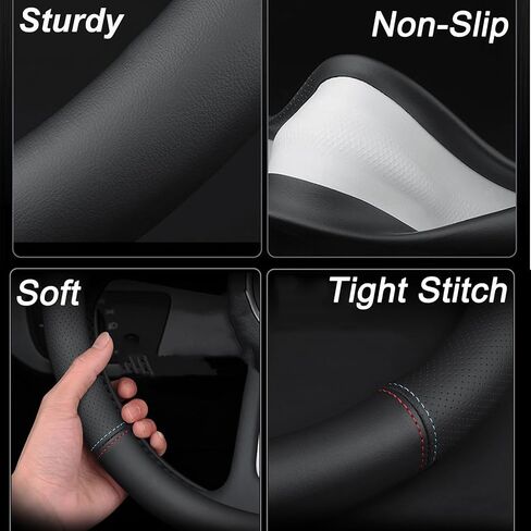 Car Steering Wheel Cover for Tesla Model Y Model 3 Plaid/Long Range 5/6/7 Seater Interior Accessories, Premium Leather - Red Blue Line (14-14 1/4 inches) in Saudi Arabia