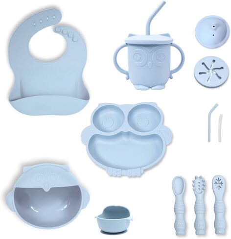 Eco-Friendly Silicone Baby Feeding Set, Owl Utensils, Silicone Bib, Suction Bowl & Plate, Soft-Tip Spoons & Fork, Toddler Cup with Lids (Beige) in Saudi Arabia