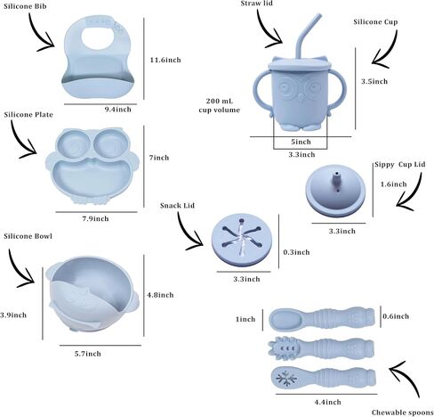 Eco-Friendly Silicone Baby Feeding Set, Owl Utensils, Silicone Bib, Suction Bowl & Plate, Soft-Tip Spoons & Fork, Toddler Cup with Lids (Beige) in Saudi Arabia
