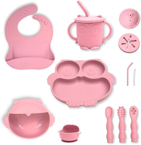 Eco-Friendly Silicone Baby Feeding Set, Owl Utensils, Silicone Bib, Suction Bowl & Plate, Soft-Tip Spoons & Fork, Toddler Cup with Lids (Beige) in Saudi Arabia