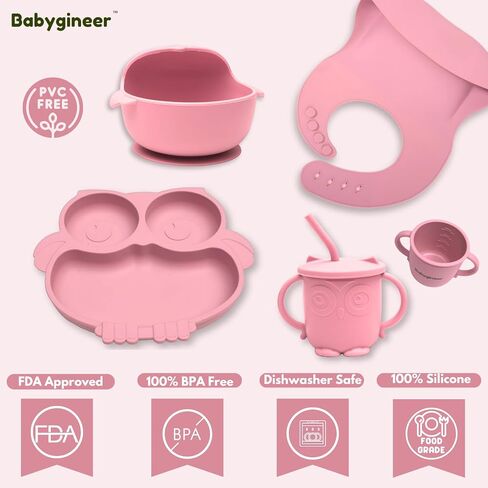 Eco-Friendly Silicone Baby Feeding Set, Owl Utensils, Silicone Bib, Suction Bowl & Plate, Soft-Tip Spoons & Fork, Toddler Cup with Lids (Beige) in Saudi Arabia